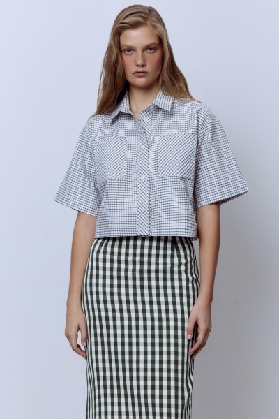 Рубашка-кроп в клетку, белый/зелёный