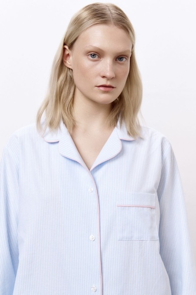 Рубашка пижамная с длинным рукавом в полоску, голубой