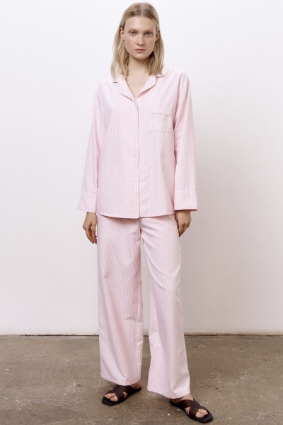 Рубашка пижамная с длинным рукавом в полоску, розовый