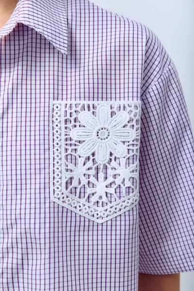 Рубашка-кроп в клетку с кружевным карманом, фиолетовый
