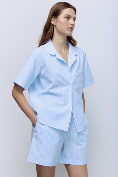 Рубашка пижамная в широкую полоску с коротким рукавом, голубой