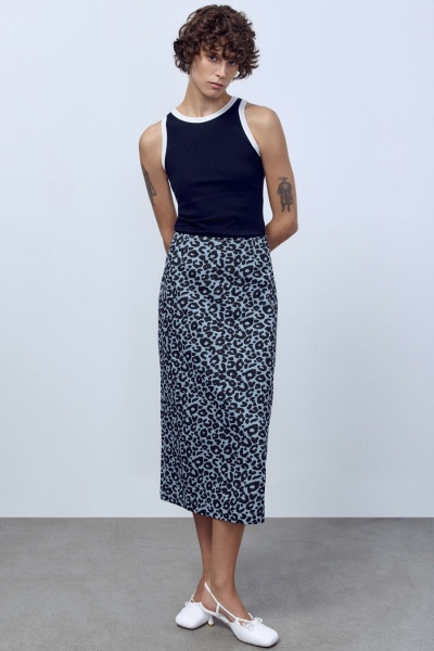 Юбка из легкого денима с анималистичным принтом, голубой