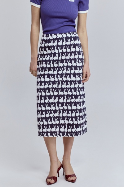 Юбка прямая из лёгкого денима с принтом «кролики», синий