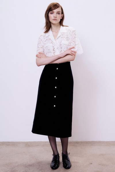 Юбка из бархата с кристальными пуговицами, черный