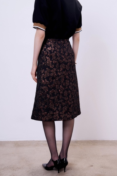 Юбка миди со складкой из жаккарда, шоколадный