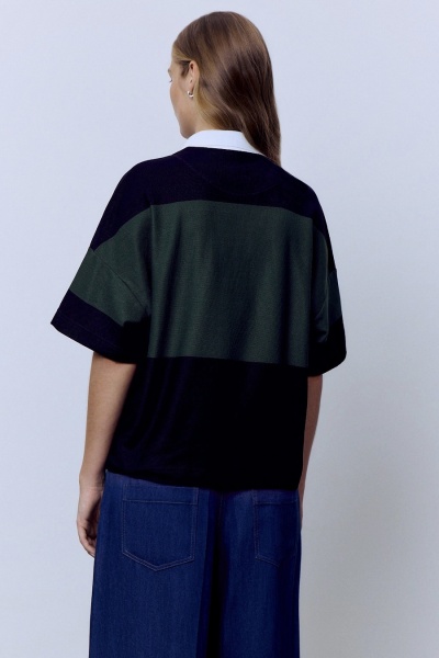 Поло пике с контрастным воротником, зелёный-чёрный