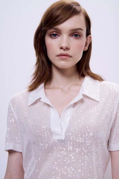 Поло-кроп с пайетками, белый