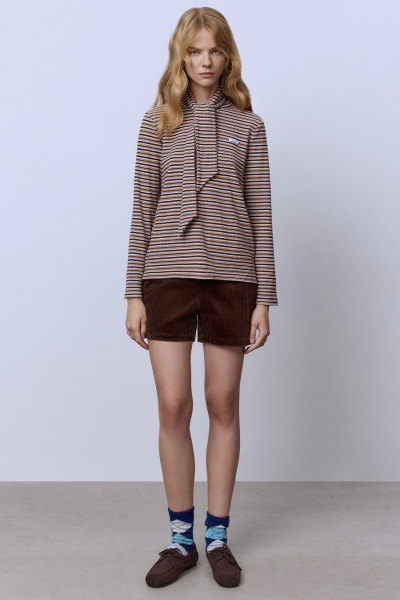 Лонгслив в полоску из вискозной рибаны, бежевый/шоколад