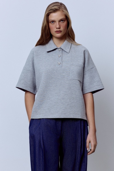 Поло из хлопкового джерси с кристальными пуговицами, серый