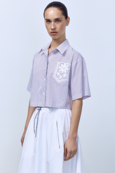 Рубашка-кроп в клетку с кружевным карманом, фиолетовый