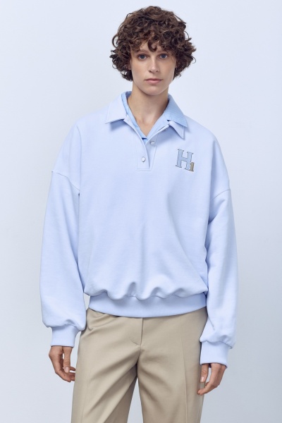 Поло с длинным рукавом из футера, голубой