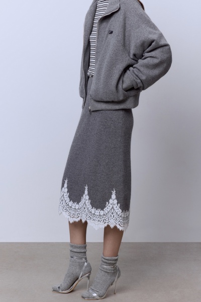 Юбка из шерсти мериноса с накладным кружевом, серый