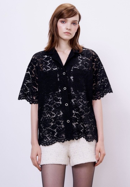 Рубашка бокси из кружева с кристальными пуговицами, черный