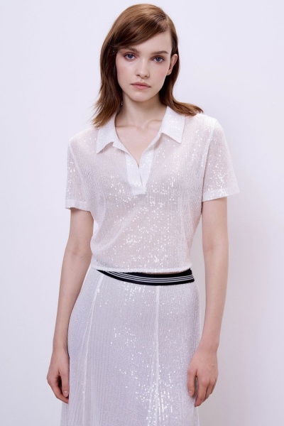 Поло-кроп с пайетками, белый