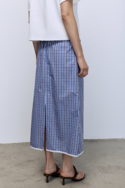 Юбка прямая в клетку виши с кружевом, синий