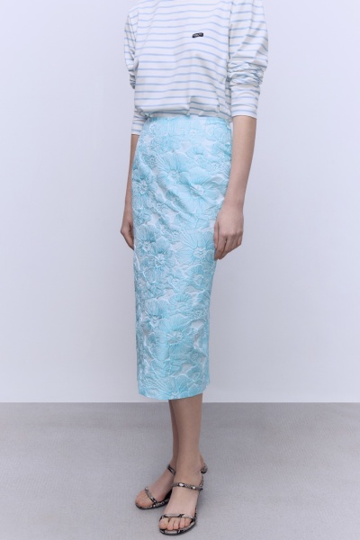 Юбка-тубина из жаккарда с накладной баской, голубой