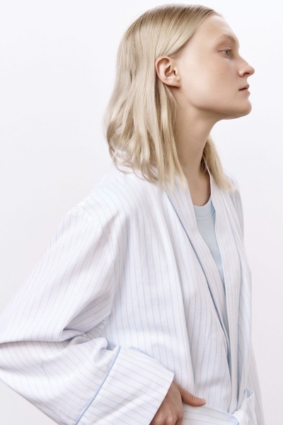 Халат из хлопка с добавлением льна в тонкую полоску, белый