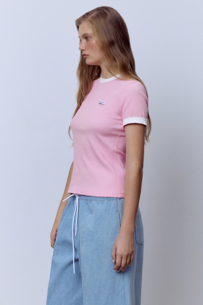 Футболка из хлопковой рибаны с контрастной отделкой, розовый