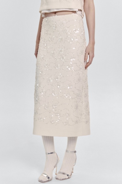 Юбка из твида с бисером и пайетками, молочный