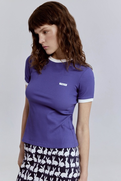 Футболка из хлопковой рибаны с контрастной отделкой, васильковый