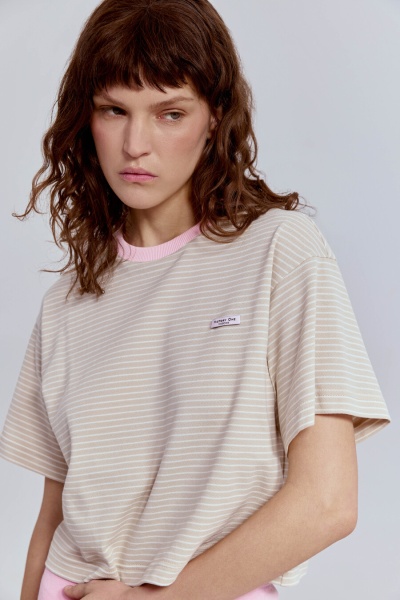 Футболка из пике в полоску с контрастным воротом, бежевый