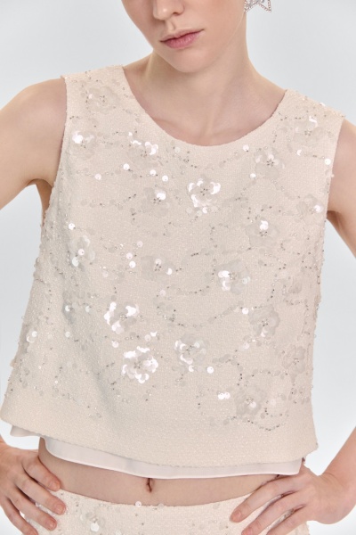 Топ из твида с бисером и пайетками, молочный