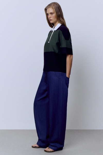 Поло пике с контрастным воротником, зелёный-чёрный