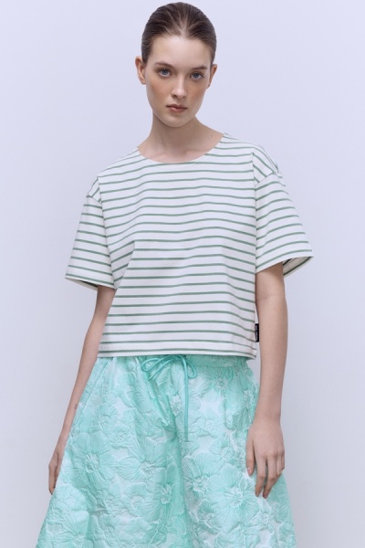 Футболка-кроп из хлопка в полоску, оливковый