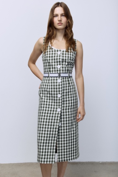 Сарафан из легкого денима в клетку, зелёный