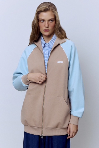 Толстовка на молнии с кантом, бежевый-голубой