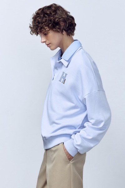 Поло с длинным рукавом из футера, голубой