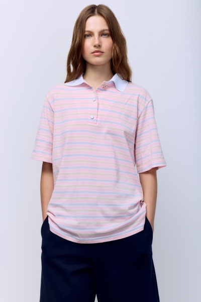Поло пике в полоску с контрастным воротником, розовый