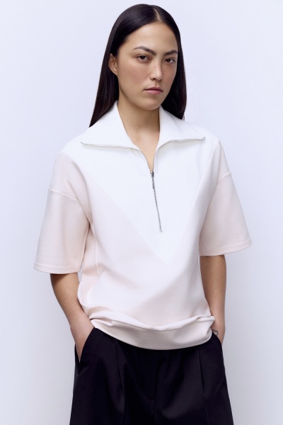 Поло на молнии удлинённое, белый/розовый