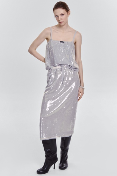 Юбка прямая с пайетками на шифоне, жемчужный