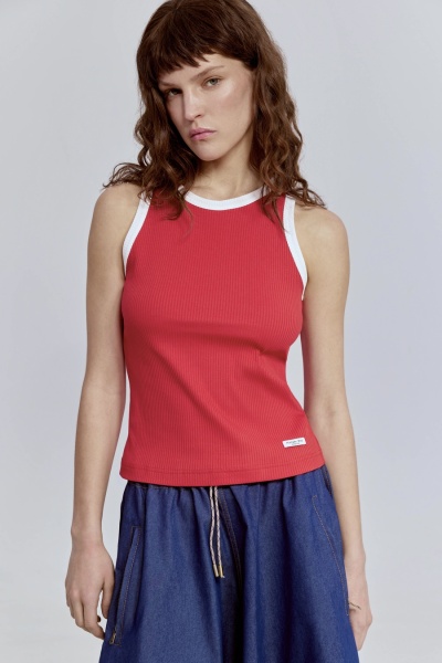 Топ из хлопковой рибаны с контрастной отделкой, красный