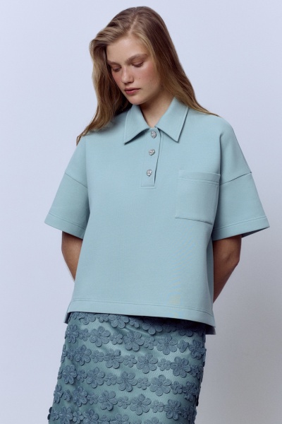 Поло из хлопкового джерси с кристальными пуговицами, мятный