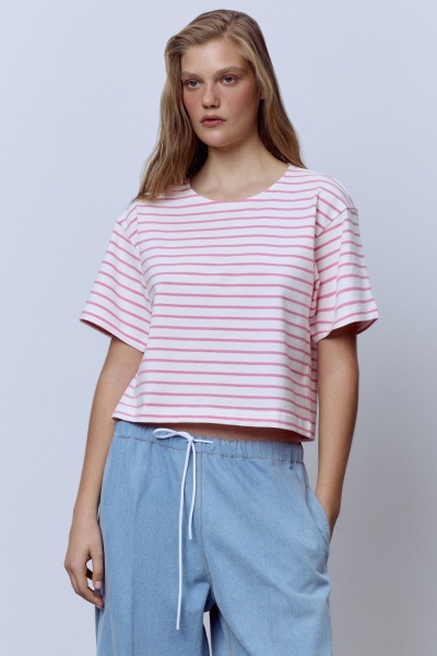 Футболка-кроп из хлопка в полоску, розовый