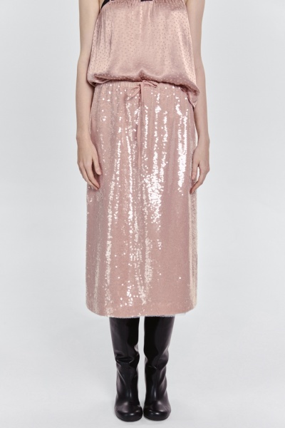 Юбка прямая с пайетками на шифоне, пудровый