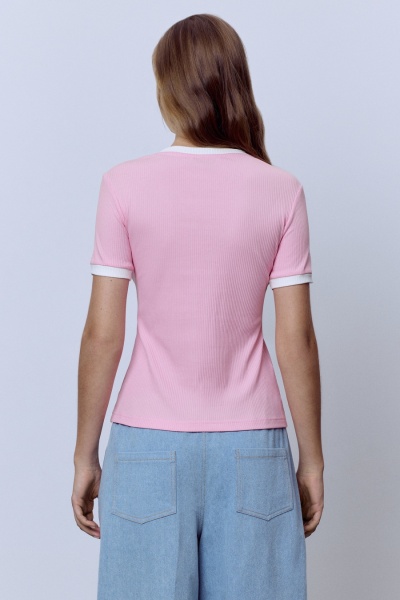Футболка из хлопковой рибаны с контрастной отделкой, розовый