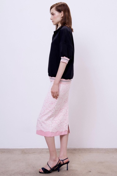 Юбка атласная с накладным кружевом, розовый