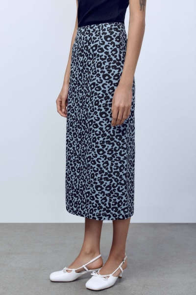 Юбка из легкого денима с анималистичным принтом, голубой