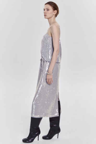 Юбка прямая с пайетками на шифоне, жемчужный