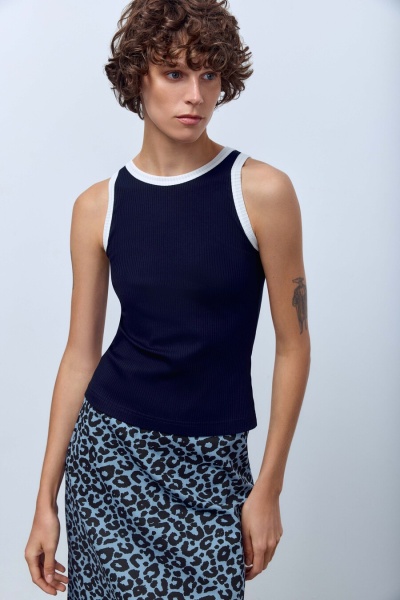 Топ из хлопковой рибаны с контрастной отделкой, синий