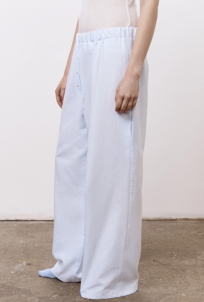Брюки пижамные из хлопка с добавлением льна в тонкую полоску, голубой
