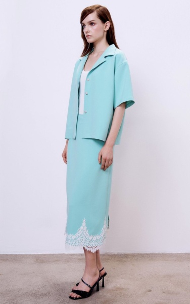 Юбка со шлицей из поливискозы с накладным кружевом, мятный