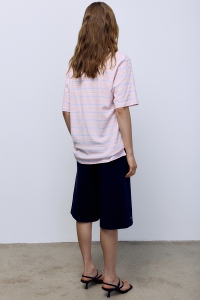 Поло пике в полоску с контрастным воротником, розовый