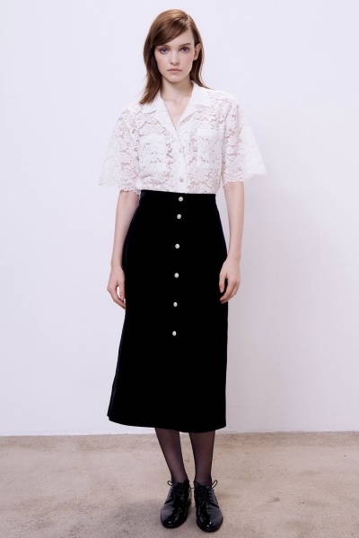 Юбка из бархата с кристальными пуговицами, черный