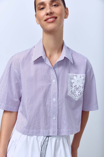 Рубашка-кроп в клетку с кружевным карманом, фиолетовый