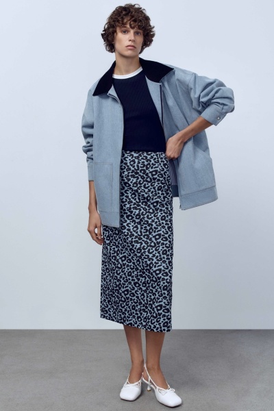 Юбка из легкого денима с анималистичным принтом, голубой