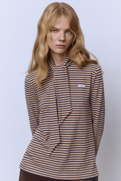 Лонгслив в полоску из вискозной рибаны, бежевый/шоколад